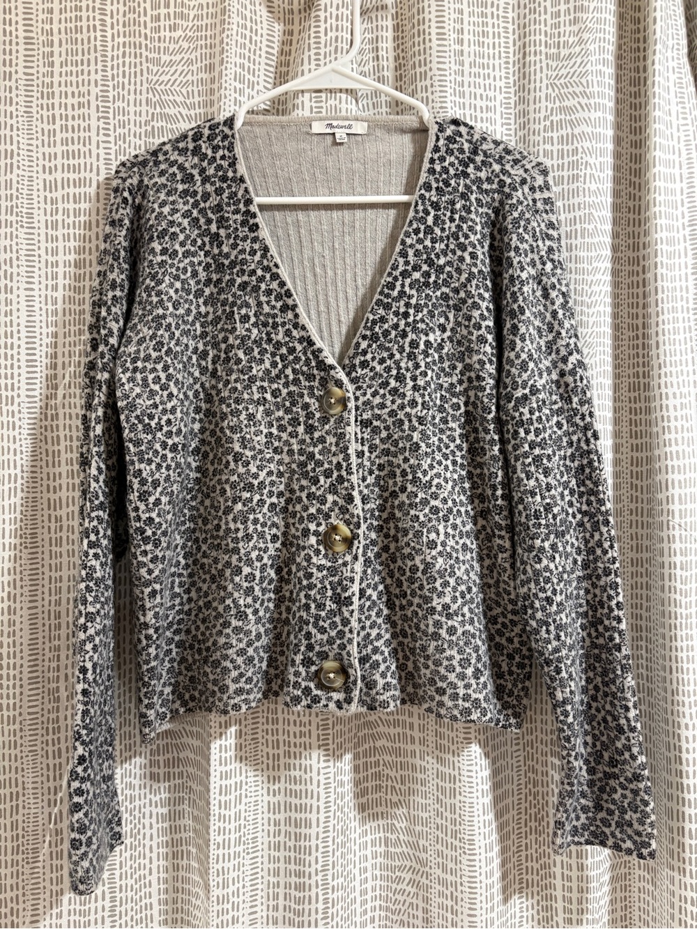 Madewell Black and Cream Floral V-Neck Button Cardigan